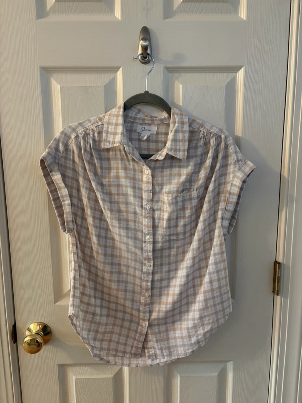 Japna Tan & White Gingham Plaid Button Down Top - Medium